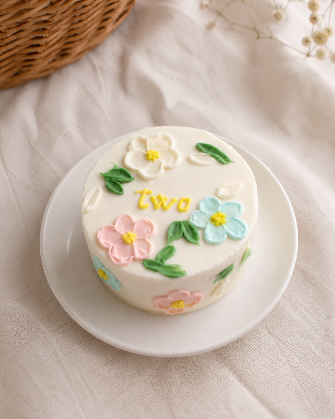 Bijela Bento torta sa cvjetovima i natpisom two.