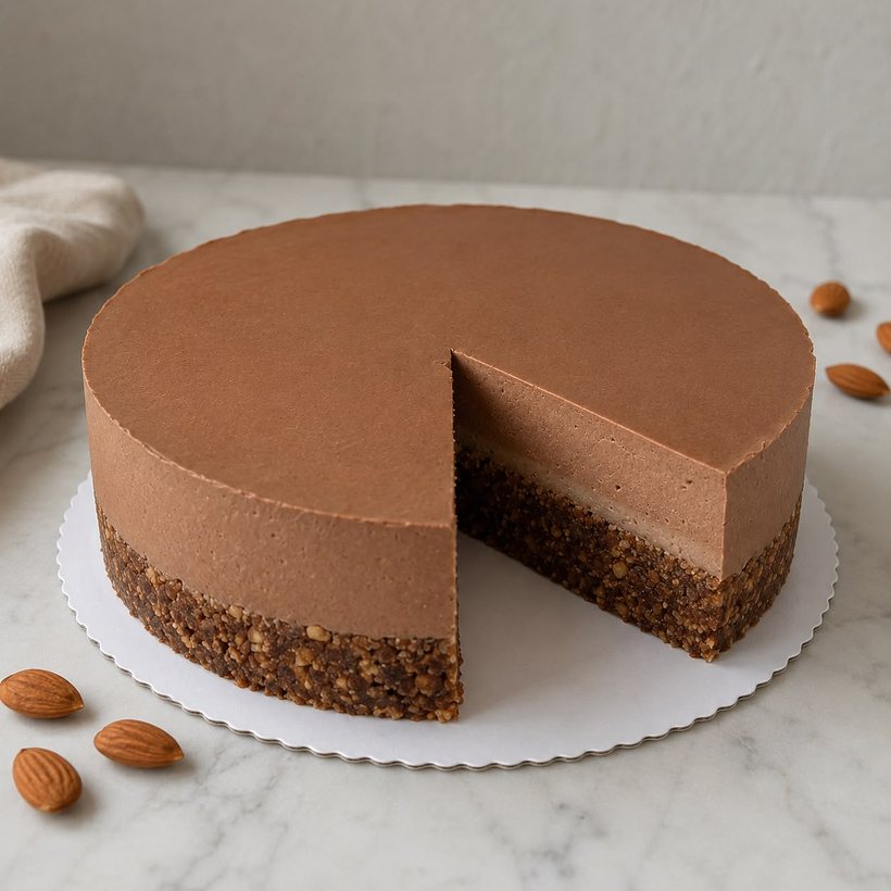 Čokoladna zdrava torta sa izrezanim komadom.