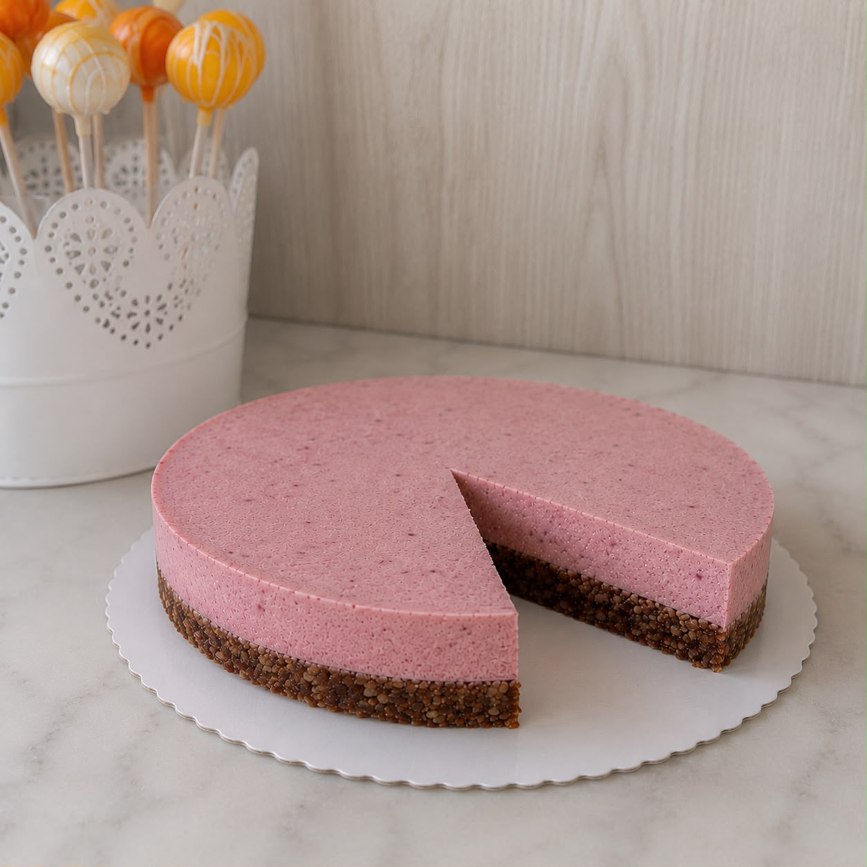 Zdrava torta sa malinom i izrezanim komadom.