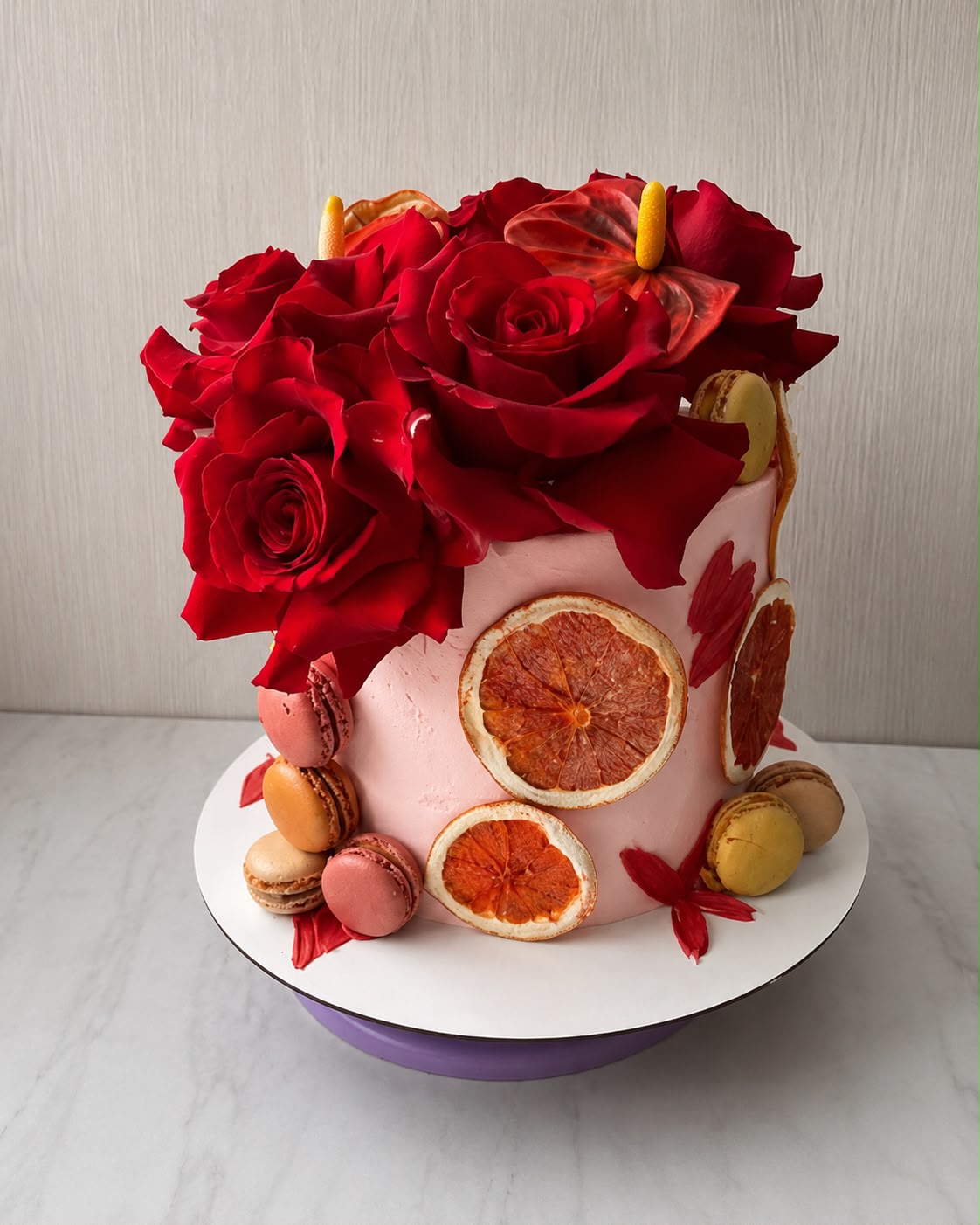 Roze torta sa crvenim ružama, citrusima i makaronima.